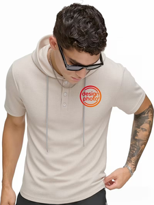 Men's Hooded Short Sleeve T-Shirt Solid Color Knitted 100% Cotton Casual Regular Fit Breathable Eco-Friendly 240 Grams - Product Image 1