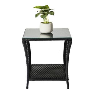 Tavolino da Esterno in Vimini Quadrato con Piano in Vetro e Ripiano Portaoggetti per Veranda, Giardino, Cortile o Uso Commerciale - Product Image 1