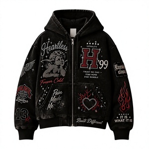 Sweat à capuche streetwear de luxe pour homme, broderie, patchs, strass et imprimés, sweat à capuche zippé surdimensionné en molleton lavé - Product Image 1