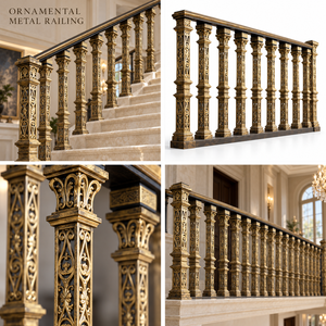 Rampe d'escalier en métal décoratif bronze antique avec balustres carrés sculptés pour villas, hôtels et intérieurs classiques - Product Image 5