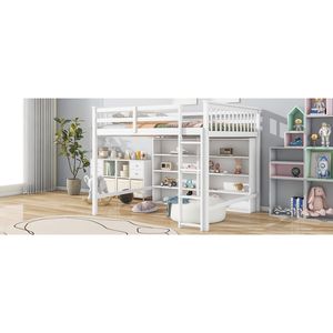 Letto a soppalco bianco a grandezza naturale con 8 ripiani aperti e scaletta integrata per bambini - Product Image 5