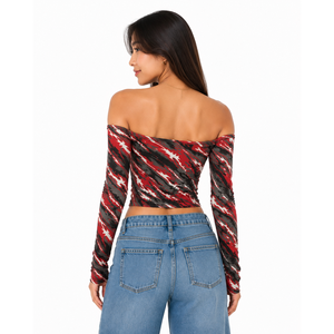 Off Shoulder Trendy Women's <b>Crop</b> <b>Top</b> <b>Red</b> Camo Print Scooped Neckline Long Sleeves Casual Streetwear Summer Fashion Custom Logo - Product Image 2