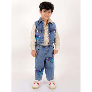 Ensemble de vêtements d'extérieur pour garçons, chemise en coton mélangé, veste en jean à manches longues, beige, bleu, ornée de belles appliques de papillons - Product Image 4