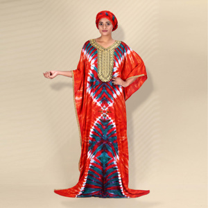 ชุดคาฟตันผ้าเรยอนแบบเรียบง่าย คอปักลายสวยงาม ลายมัดย้อมสีสันสดใส แขนทรงปีกค้างคาวขนาดใหญ่ ไซส์พลัส ทรงพลิ้วไหว ยาวคลุมเท้า เหมาะสำหรับวันอีด - Product Image 3