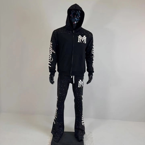 Survêtement unisexe personnalisé, coupe évasée et courte, style jogging, avec fermeture éclair effet délavé, broderie et strass, couleur unie, style hip-hop, hiver, respirant, pour le sport - Product Image 5