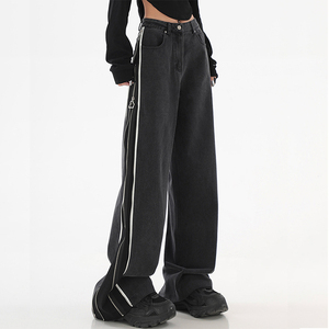 Pantalones vaqueros rectos de mezclilla estilo streetwear con múltiples bolsillos, pierna ancha, cintura alta, holgados, con cremallera, acampanados, vintage, para mujer, tipo cargo - Product Image 2