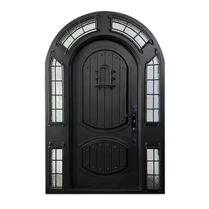 Royal Luxury Rust-resistant Wrought Iron Main Door with Geometric Glass Panels Minimalist <b>Swing</b> Entryway Easy Assembly - Product Image 1