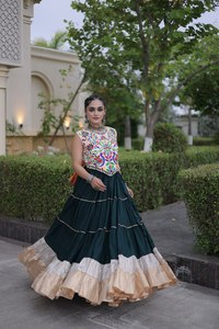Green Color Traditional Embroidered Cotton Blouse With Tiered Skirt For Women India Pakistan Style Wedding Wear - Product Image 5