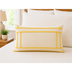 Housse de coussin rectangulaire décorative en lin de qualité supérieure avec passepoil jaune contrastant, détail de bordure, élégant coussin d'appoint - Product Image 1