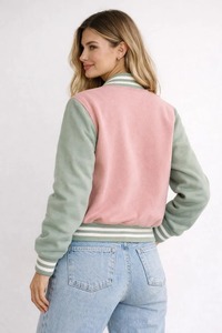 Veste universitaire en laine rose et vert sauge pour femme, veste bomber, coupe classique, col rabattu, fermeture à boutons, unisexe - Product Image 5