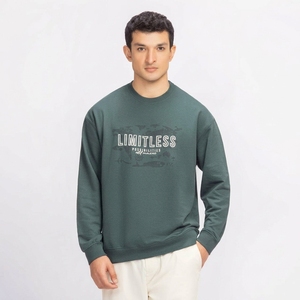 เสื้อสเวตเชิ้ตคอกลมสีเขียวเข้มสำหรับผู้ชาย ผ้าถักเนื้อฝ้าย สวมใส่สบาย ทรงปกติ พิมพ์ลายด้านหน้า ดีไซน์ไร้ขีดจำกัด - Product Image 1
