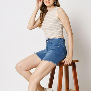 Women's Breathable Quick Dry 100% Cotton Denim Shorts Elastic Waist Custom Printed 180g Customizable High Quality Custom Sizes - Product Image 4