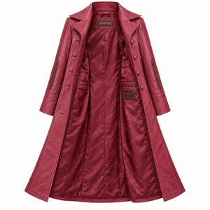 Manteau long en cuir rouge cramoisi pour femme, style trench, à revers crantés et boutonnage frontal, Fourniture OEM ODM - Product Image 5