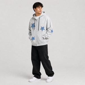 Denim Star Patch <b>Zip</b>-<b>Up</b> V-neck Cardigan Sweatshirt Autumn 100% Cotton Fleece Oversized Streetwear Jacket Breathable Men's - Product Image 4