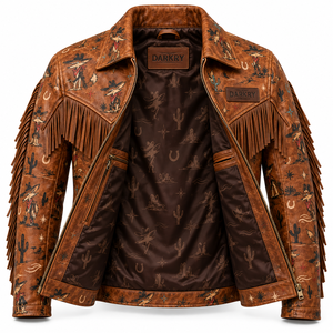 Printed Coyote Desert Pattern <b>Leather</b> Fringe <b>Jacket</b> <b>Mens</b> Custom <b>Brown</b> Cowhide Vintage Western Biker Coat OEM ODM Manufacturer - Product Image 5