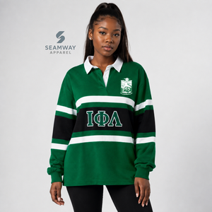 Camiseta de rugby extragrande para mujer Iota Phi Lambda, con bloques de color, manga larga, cuello polo, letras griegas bordadas, estilo universitario - Product Image 5