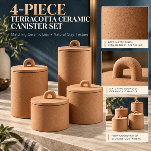 Ensemble de quatre pots en céramique terracotta avec couvercles en argile assortis |   Bocaux de rangement rustiques pour cuisine, pour l'organisation du comptoir de garde-manger - Product Image 5