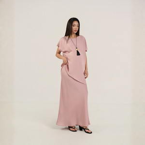 Vestido midi de organza de seda para mujer, cuello redondo minimalista, corte holgado, estilo casual de oficina - Product Image 4