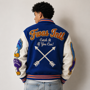 Casual Wool Varsity <b>Jacket</b> Leather Sleeves Chenille Embroidery Patch Street Design Hip Hop Style Baseball Letterman Stand Front - Product Image 5