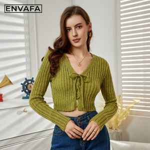 Women V Neck Crocheted <b>Cardigan</b> <b>Sweater</b> Pullover Short Casual Soft Breathable Lightweight Comfortable 100% Polyester Spring - Product Image 3