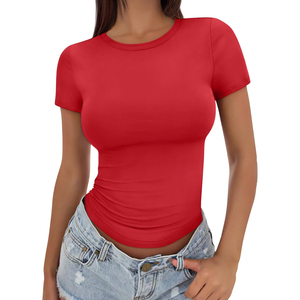Camiseta Corta de Punto para Mujer, Color Rosa Sólido, Cuello Redondo, Manga Corta, Ajuste Delgado, Informal, para Gimnasio, ODM, OEM - Product Image 6