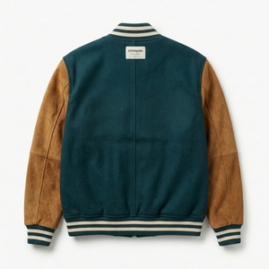 Chaqueta de lana para hombre en color verde azulado oscuro con cremallera, logotipo bordado personalizado, cuello y puños de punto acanalado, estilo urbano, fabricación al por mayor. - Product Image 2