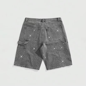 <b>Mens</b> Washed Charcoal Denim Jorts Shimmering Rhinestone Embellishments Loose Baggy Fit Retro Y2K Grunge Streetwear Apparel - Product Image 2