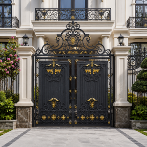 Portail de sécurité double en fer forgé noir et or, style baroque, pour entrée principale de villa, design orné, mobilier - Product Image 2