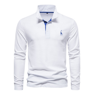 Polo à manches longues blanc pour homme avec logo girafe brodé bleu, tissu Oxford en coton décontracté, design respirant - Product Image 6