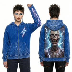 Sudadera con capucha y cremallera azul verdoso con lavado ácido para mujer, estampado gráfico de calavera cibernética con código binario, chaqueta de forro polar pesado con efecto desgastado, venta al por mayor - Product Image 2