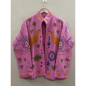 Chaqueta con bordado floral para mujer, cuello mandarín, manga larga, abrigo abierto de otoño, diseño hecho a mano - Product Image 1