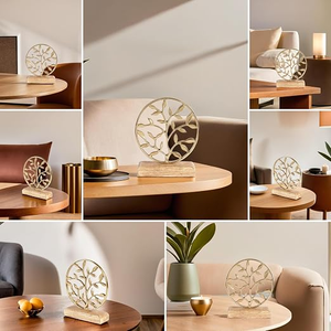 Sculpture en métal artisanale Arbre de Vie, finition dorée, accent décoratif de table avec base en bois pour la décoration intérieure - Product Image 3