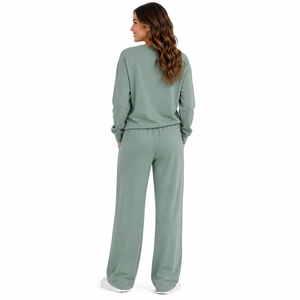 OEM Women Tracksuit <b>Set</b> Cotton Blend Crew Neck Sweatshirt Wide Leg <b>Jogger</b> Pants Chest Pocket Custom Logo Private Label Supplier - Product Image 2