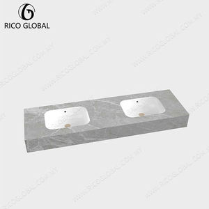 Meuble-lavabo mural rectangulaire en marbre poli avec double vasque et étagère de rangement pour salle de bain, style minimaliste - Product Image 5