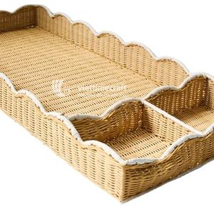 Plateau rectangulaire en rotin à compartiments multiples, bord festonné blanc, organisateur de bureau et de coiffeuse, style bohème, pour cuisine et salon - Product Image 2