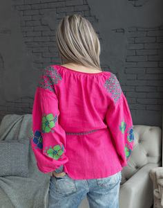 Chemise élégante pour femme en popeline 100% coton rose uni à col en V et manches courtes pour l'automne - Product Image 2