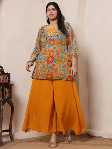 DEEBACO Conjunto coordinado de moda para mujer: Top floral de georgette hasta el tobillo con Kurti y Sharara, elegante cuello en V - Product Image 1