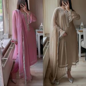 Ensemble Salwar Kameez Moderne en Faux Georgette Fantaisie avec Broderie de Perles Réelle Faite à la Main et Dupatta Réversible pour Mariage et Diwali - Product Image 6