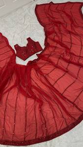 Wholesale <b>Red</b> Georgette Saree Striped Sequin Embroidery Designer Party Wear Indian Saree Unstitched <b>Blouse</b> Set - Product Image 4