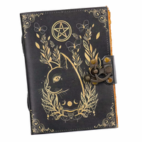 Carnet Wiccan en Coton Fait Main avec Bordures Déchirées, Papier et Couverture en Cuir, Imprimé UV Chat Noir, Grimoire des Ombres, Journal de Petite Sorcière