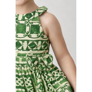 Vestido Casual sin Mangas para Niñas, Verde, de Algodón Estampado con Lazo en la Cintura - Product Image 2