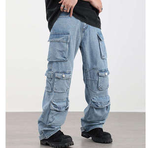 Pantalon cargo en denim délavé pour homme, coupe ample, taille mi-haute, couleur unie avec poches, style streetwear, tissu en coton pour l'automne - Product Image 1