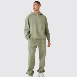Conjunto de chándal de invierno de 2 piezas para hombre, tejido de mezcla de poliéster y algodón, lavado ácido, estilo urbano, con logo personalizado, sudadera con media cremallera y pantalones acampanados - Product Image 1