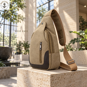 <b>Beige</b> Canvas Sling Chest <b>Bag</b> with Padded Shoulder Strap and Front Zipper | Layered <b>Crossbody</b> Travel <b>Bag</b> with Reinforced Base for - Product Image 4