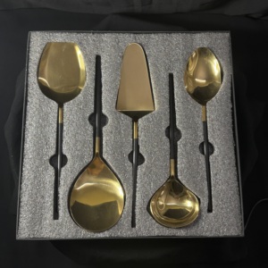 ชุดเซิร์ฟเวอร์ 5 ชิ้น สีดำเคลือบผง ชุดอุปกรณ์เสิร์ฟงานแต่งงาน เคลือบทอง PVD สแตนเลส 304 ปลอดภัยสำหรับอาหาร ชุดเซิร์ฟเวอร์สำหรับร้านอาหาร - Product Image 4