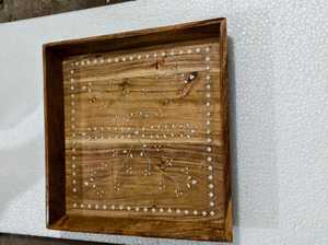 Plateau de service artisanal en bois massif d'acacia avec incrustation de os blanc, motif floral, plateau carré décoratif pour ottoman, décoration intérieure durable - Product Image 3