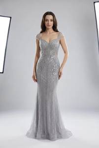 Vestido de Noche de Lujo Plateado Estilo Sirena con Cuentas Pesadas, Lentejuelas y Cristales, Vestido de Fiesta de Boda con Manga Casquillo y Espalda Abierta, Vestidos Formales de Gala - Product Image 3