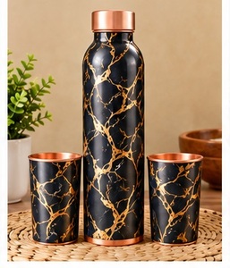 Juego de Botellas de Agua de Cobre Modernas y Lujosas con 2 Tazas, Diseño Geométrico Azul y Dorado, Termo Metálico para Viaje - Product Image 5