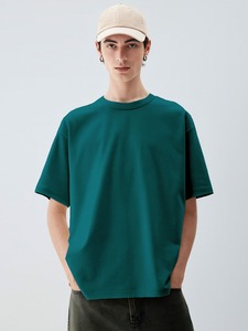 T-shirt en coton uni surdimensionné pour homme, col rond, manches courtes, style streetwear décontracté, jersey tricoté, logo sur le devant, respirant - Product Image 5