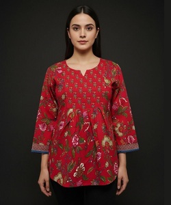 <b>Indian</b> Casual Wear Pure Cotton Red Floral Printed Lightweight Peplum Neck Short Women's Ethnic Kurti <b>Top</b> - Product Image 1
